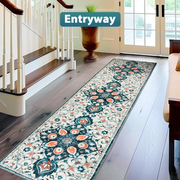 SARAG 2x8 Runner Rug for Hallways Non Skid Washable Kitchen Runner Green Vintage - Picture 3 of 14